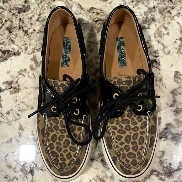 Sperry Topsiders Women's Leopard Canvas Black Patent Leather Boat Shoes … - Picture 2 of 11